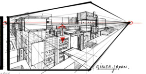Drawing buildings with 2 point perspective - at Ginza, Japan