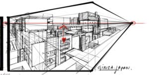 Drawing buildings with 2 point perspective - at Ginza, Japan