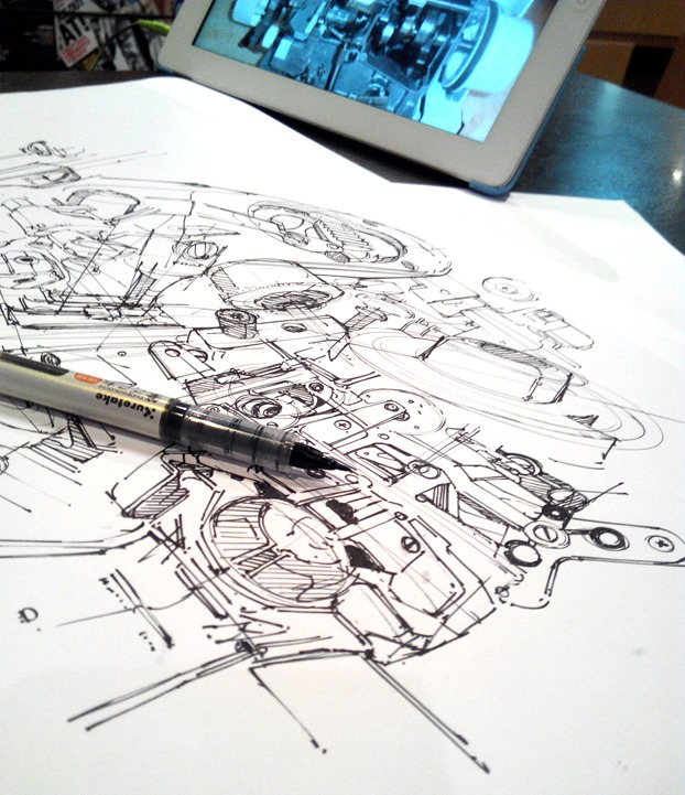 Drawing the mechanical pieces of a sewing machine