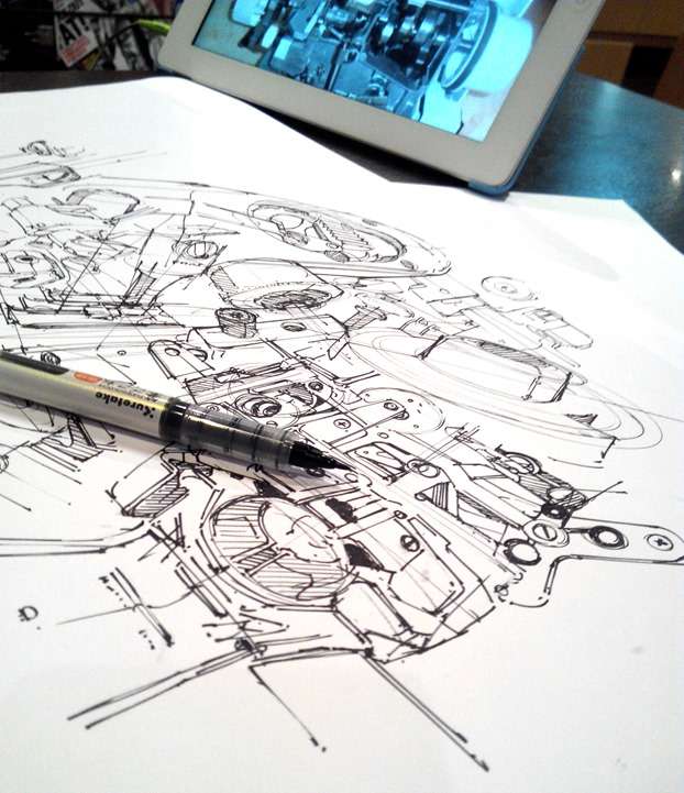 Drawing the mechanical pieces of a sewing machine