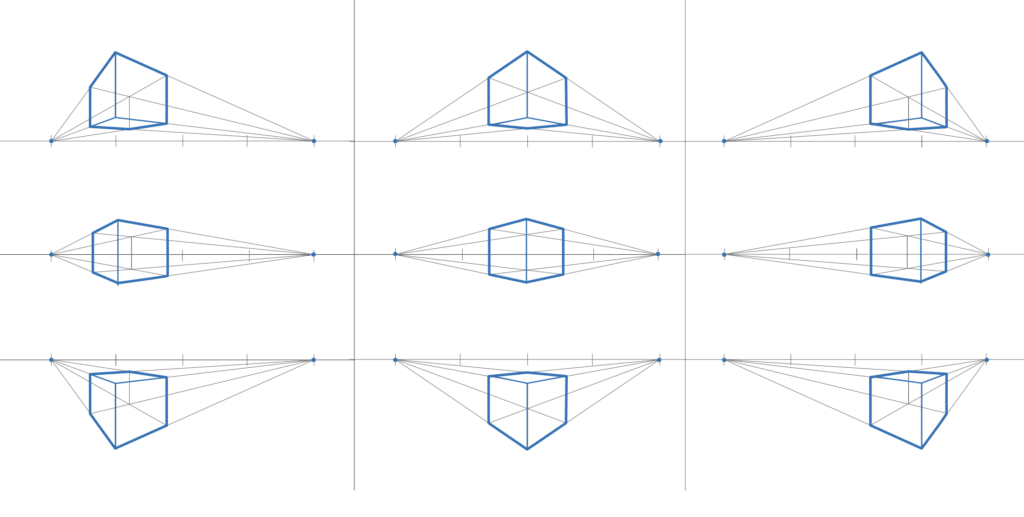 how to draw a cube 2-point perspective - all viewpoints