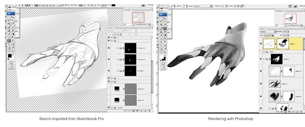 Sketch a hand on Photoshop with rendering