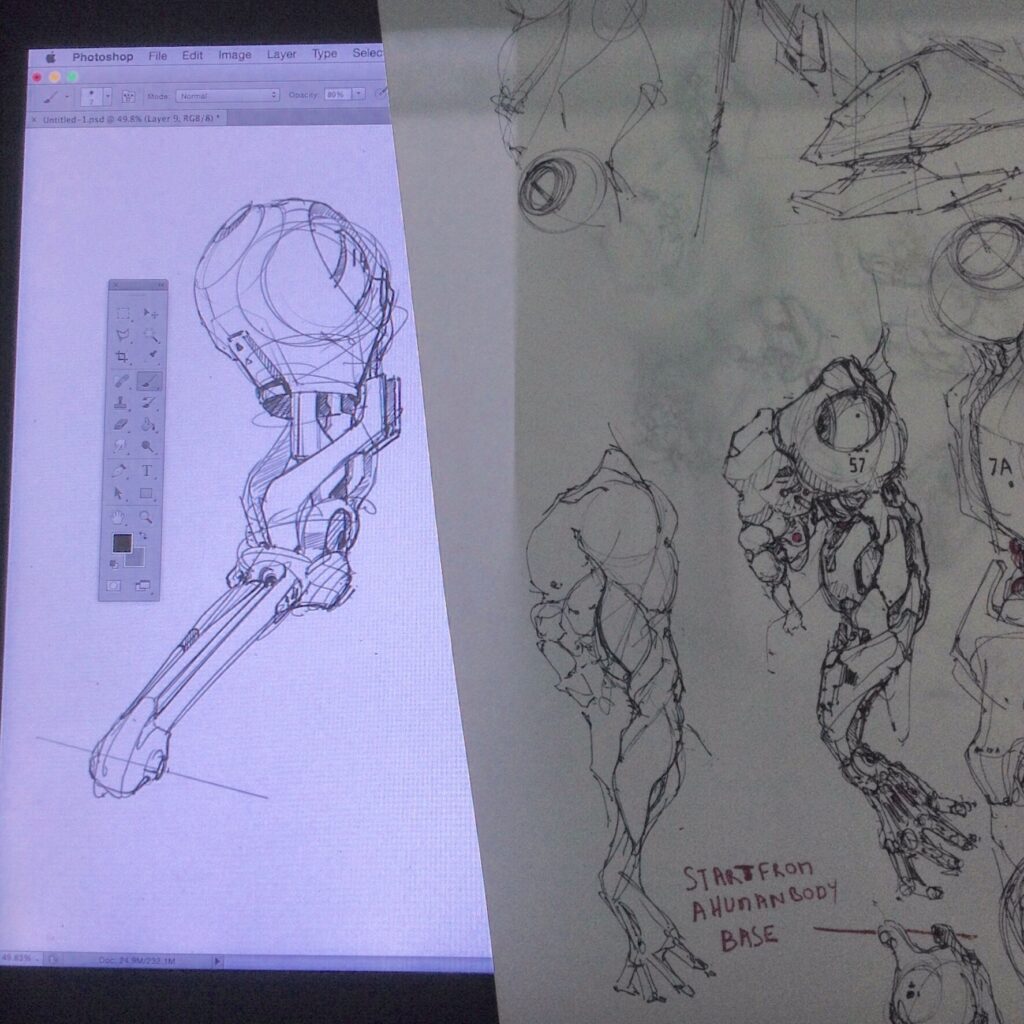 Drawing First idea of concept art design of the robot or cyborg arm