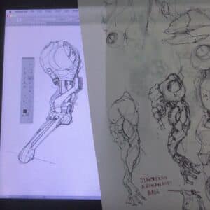 Drawing Concept art design of the robot or cyborg arm