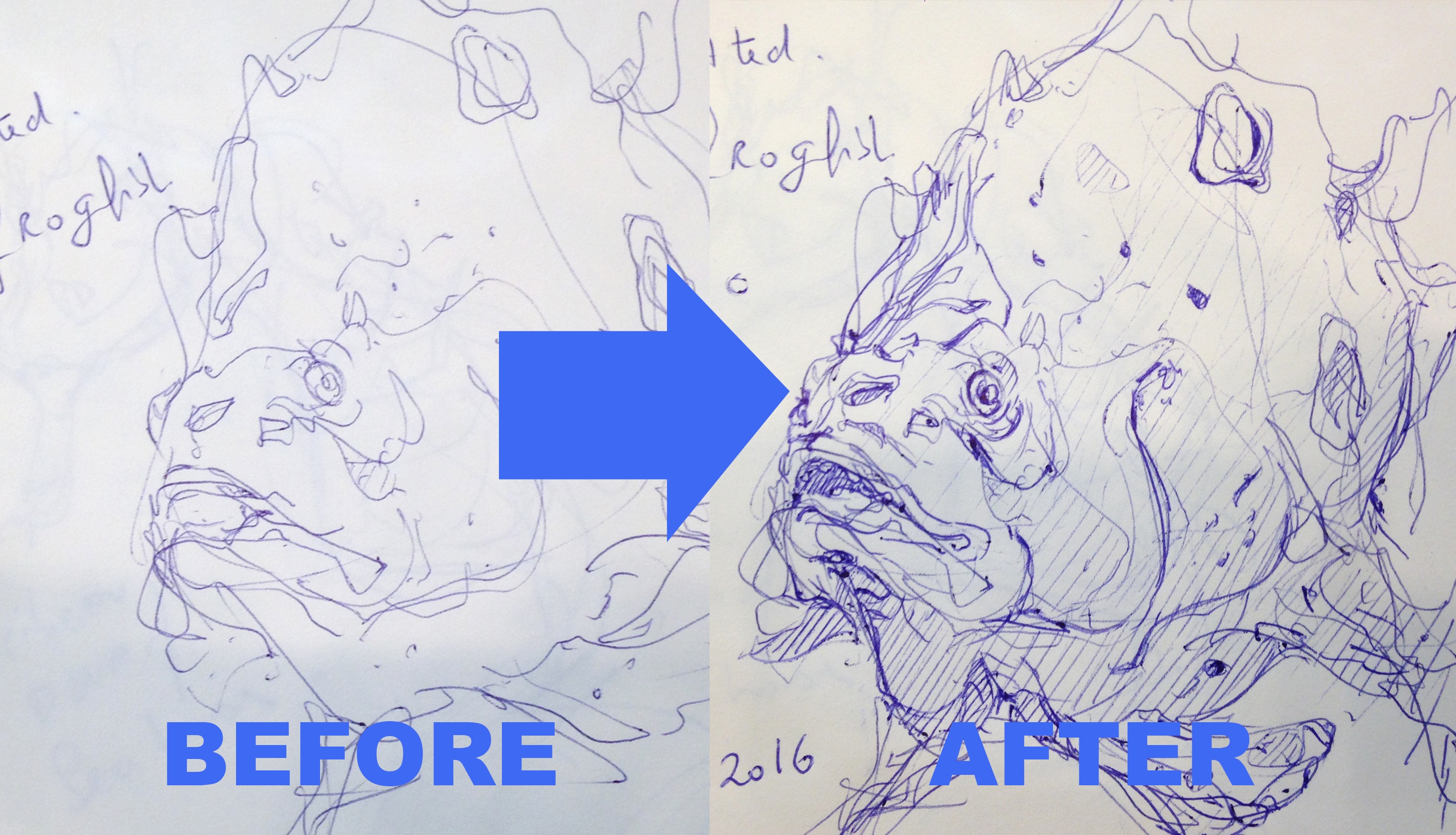 Before after the design sketchbook sketch boston acquarium fish drawing ball point pen blue bic copy