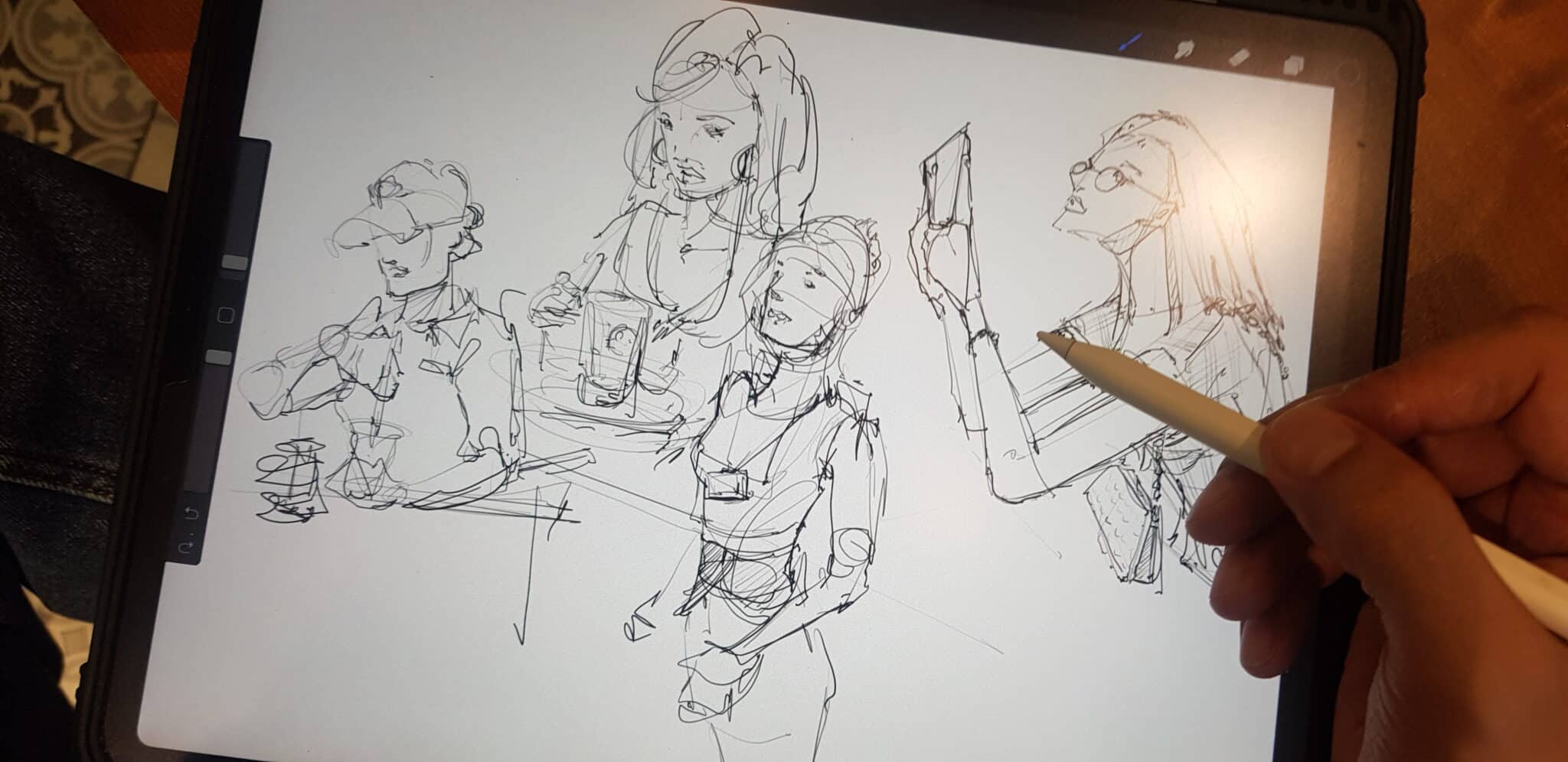 sketching at Phuc Long cafe in Vietnam loosen up your lines to draw people with ipad pro and pencil dont give up hb