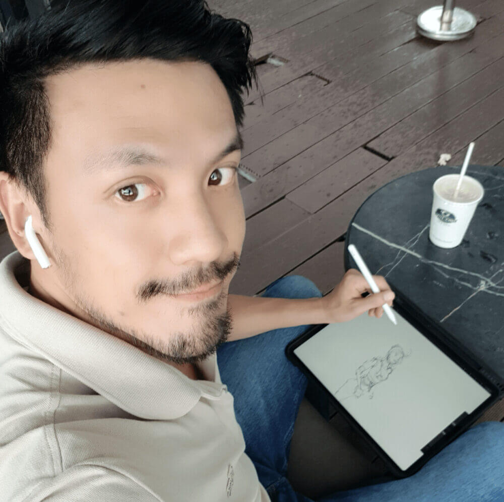sketching at Phuc Long cafe in Vietnam loosen up your lines to draw people with ipad pro and pencil