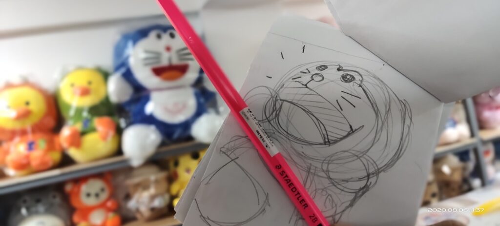 Doraemon pencil sketch in pen shop