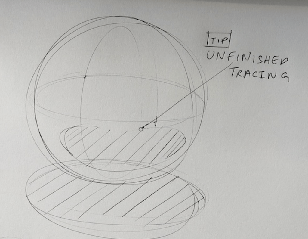 Sphere drawing with cast shadow - Unfinished tracing