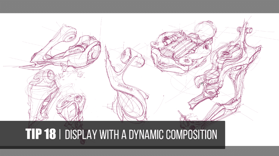 Drawing of Shimano bike tech design inspired for concept art - Composition board