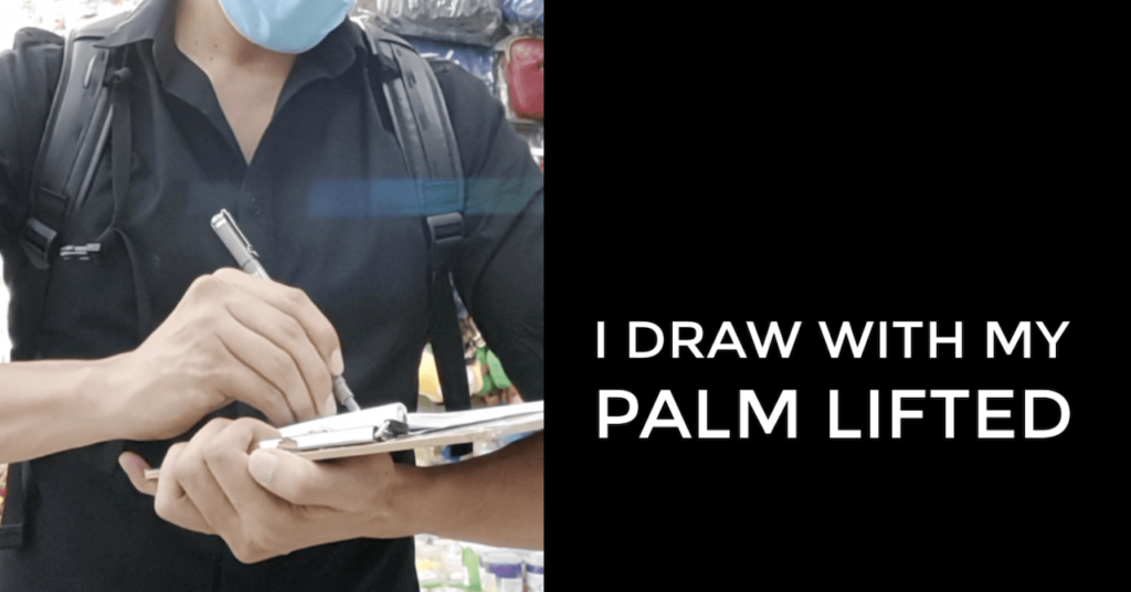 How to draw with proper standing posture in a pen store palm lifted sketching