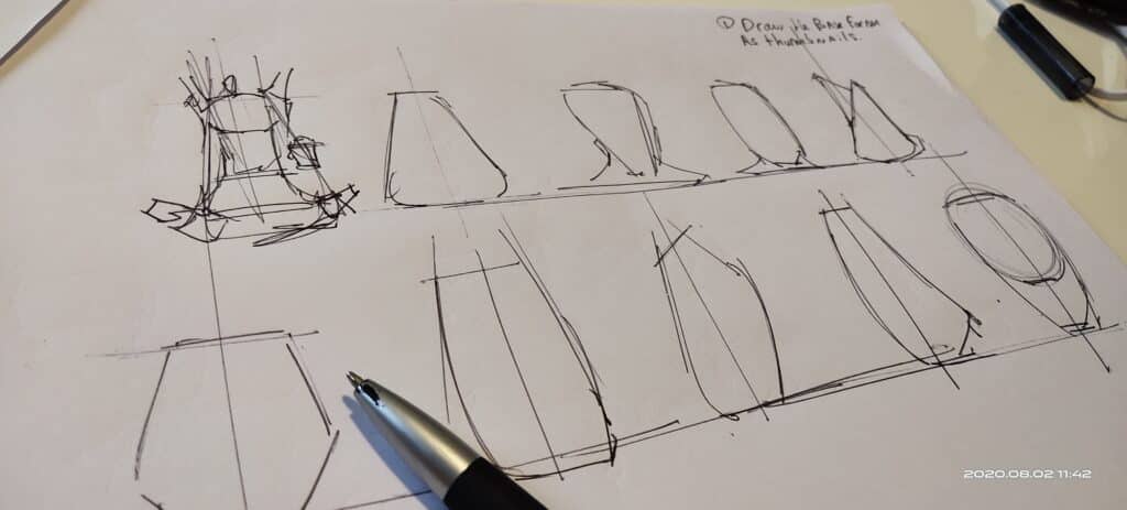 Start drawing thumbnails of bags with simple forms