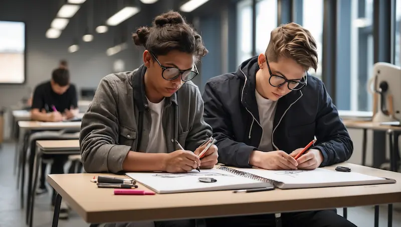 Two industrial design students practice sketching