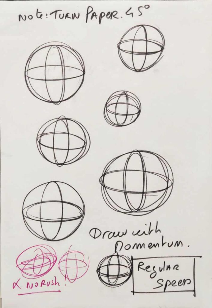 Practicing fast-sketching drawing spheres freehand