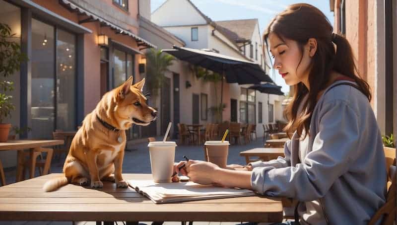 Art student is drawing a dog at the terrace of a cafe in Europe