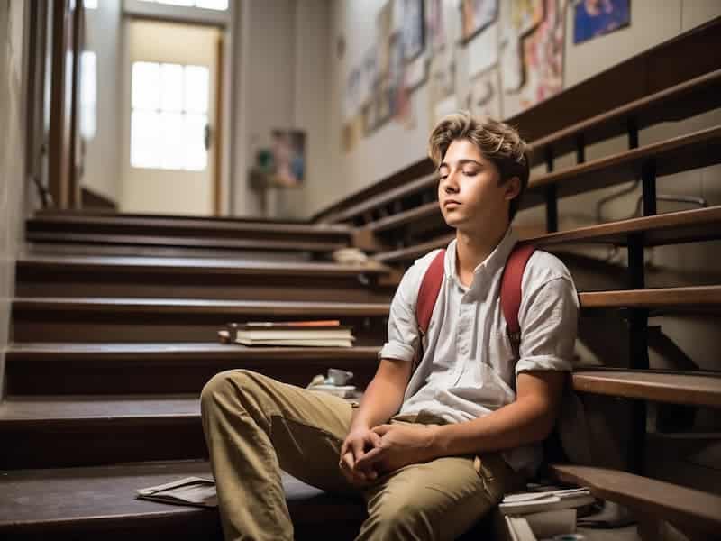 Art student meditating at art school