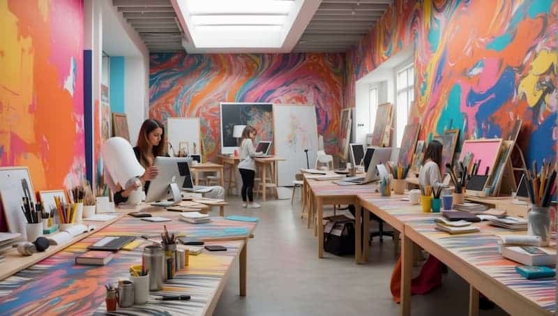 Colorful art shop with students buying drawing material