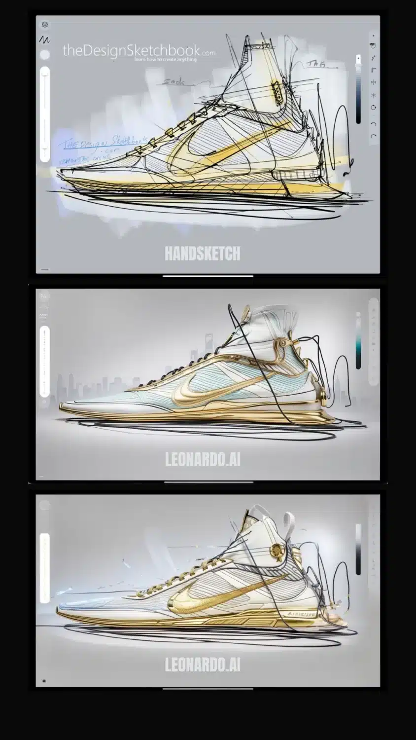 Drawing Nike shoe on ipad and render with LEONARDO AI
