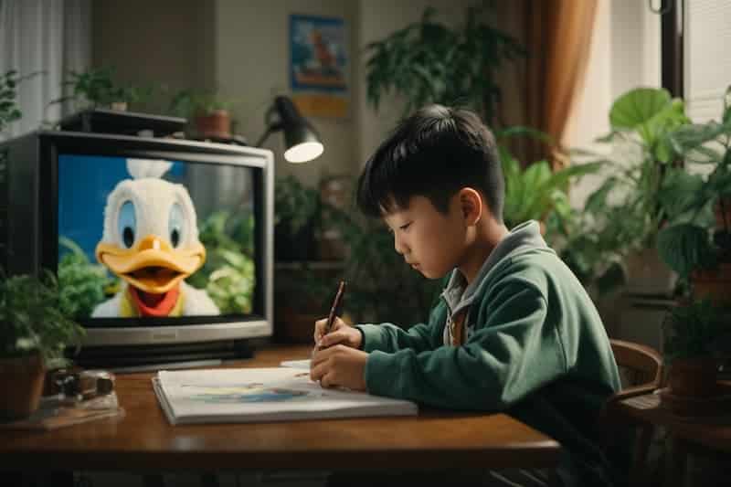 Chou-Tac as a kid drawing Donald Duck on television in the 90s