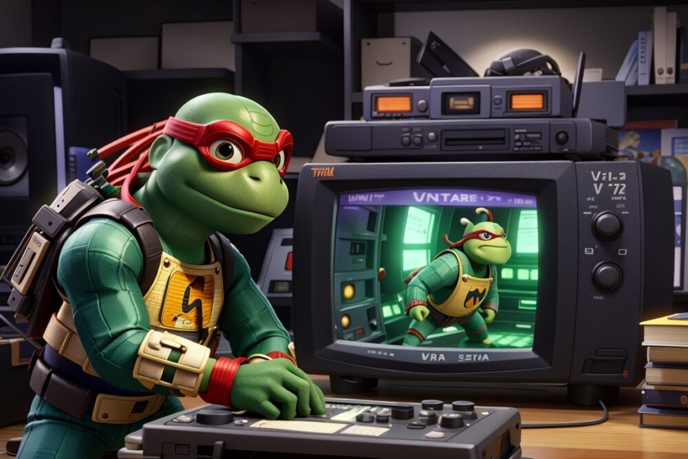 Recording TMNT Ninja turtle on TV with a VHS cassette in the '90s