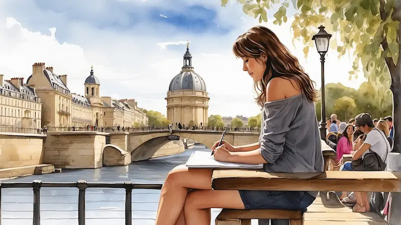 Woman draw in public spaces in Paris