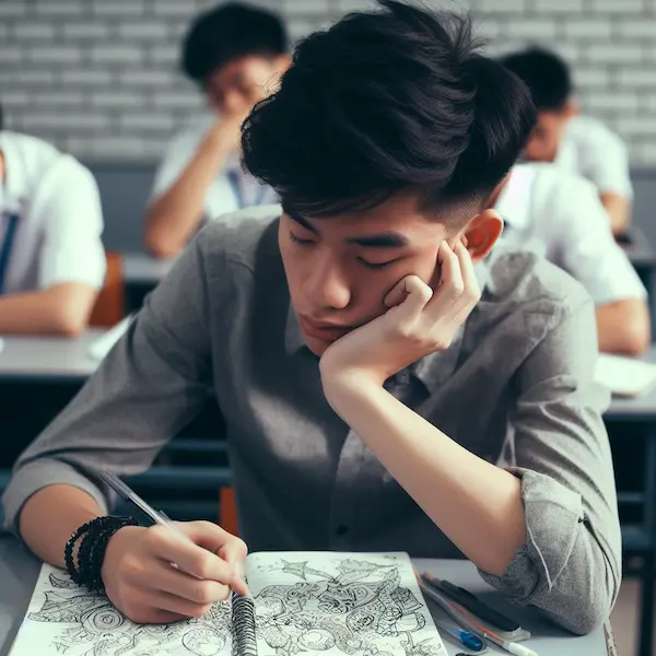 Bored student learning his lesson doodling on his notebook
