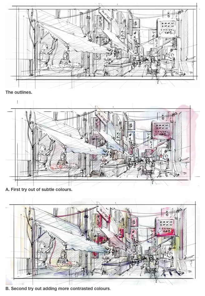 3 steps to add watercolours on this street scene in Taiwan