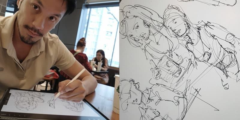 Chou-Tac Chung drawing in a cafe on graphic tablet