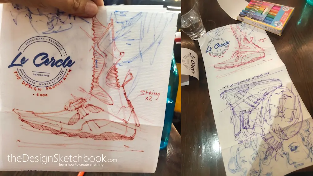 Papermate Flair M Felt pen drawing sneakers on restaurant serviette