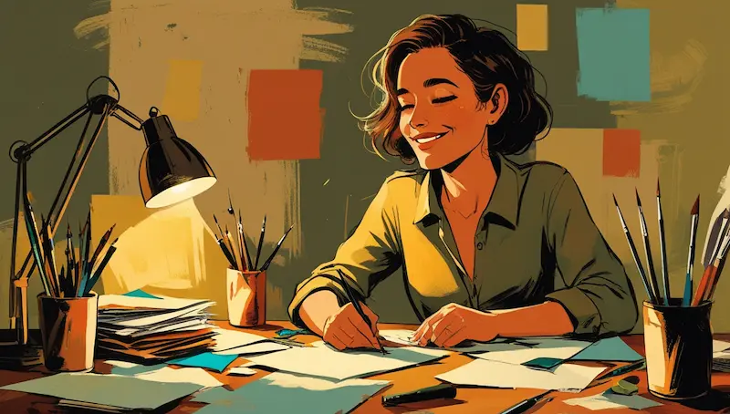 A woman starts drawing at her desk