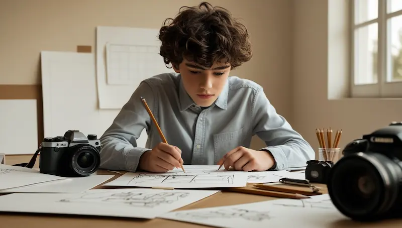 Teenage drawing stories on storyboards