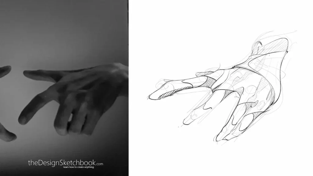 Drawing this above view is simpler to me. It is no perfect, but I tried to keep my glove sketch organic.